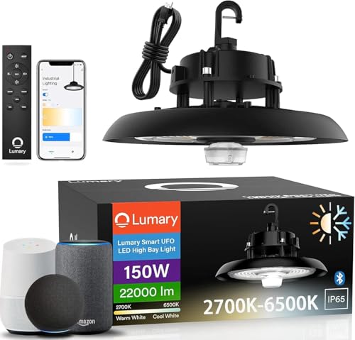 Lumary 22,000Lm Smart UFO LED High Bay Light w/Remote, 2700K-6500K Dimmable 150W, Compatible with Alexa/Google - Hub Required, LED Shop Lights for Hanging Garage Workshop Factory Gym Barn