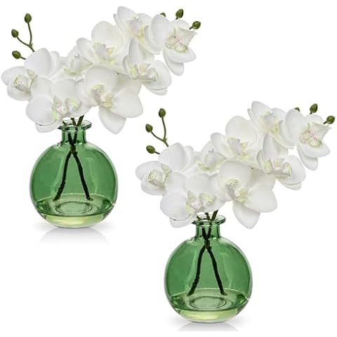 White Orchids Artificial Flowers Faux Orchid Arrangement with Light Green Glass Vase Set of 2 Real Touch Phalaenopsis Orchid Flowers Orchid Centerpiece for Dining Room Table Cover
