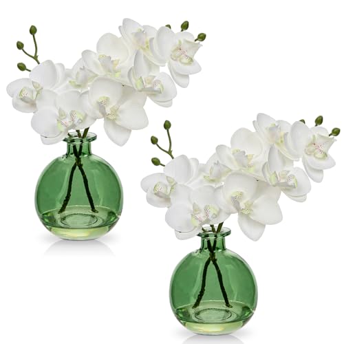 2 pcs Künstliche Orchideen Weiß mit Grün Glasvase, Kunstpflanze Decor Orchideen Kunstblumen im vase mit Real Touch Blüten, Gefälschte Orchideen künstliche Bonsai für Hotel Wohnzimmer Büro Küche