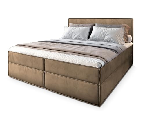 Masseno Boxspringbett PELLIO 160x200 cm Komplett-Set mit Matratze und Topper, Polsterbett mit Zwei Bettkästen -Beige, Monolith 09