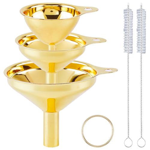 GORGECRAFT 3Pcs Small Metal Funnel Set 2.5x3in 1.9x2.2in 1.5x1.8in Golden Metal Stainless Steel Kitchen Cooking Food Grade Funnels with Cleaning Brushes for Essential Oil Spices Liquid Filling Bottles