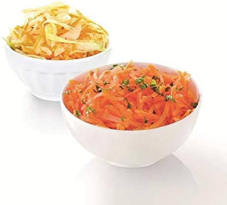 Two bowls of shredded vegetables, one with carrots and the other with lighter-colored vegetables, prepared with the food processor's shredding disc.