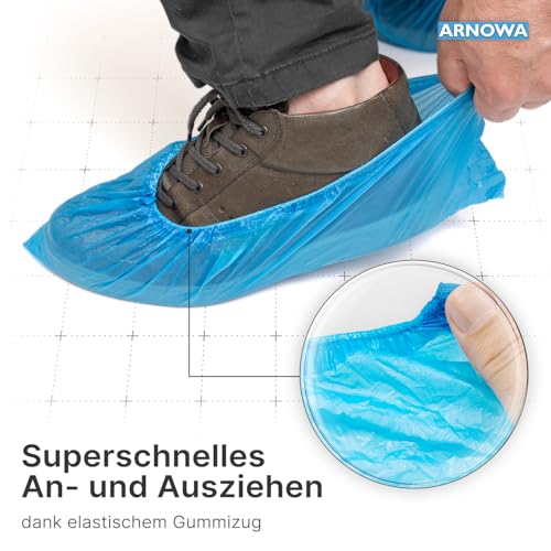 ARNOMED 100x Schuhüberzieher Einweg [WASSERDICHT], Galoschen, Schuh Überzieher Einweg, Starke Überschuhe Latexfrei, Einheitsgröße Wasser, und Staubdicht, Klassik 3g Starkem CPE Material