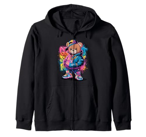 Teddy Bear Hip-Hop Design with Graffiti Elements Sudadera con Capucha