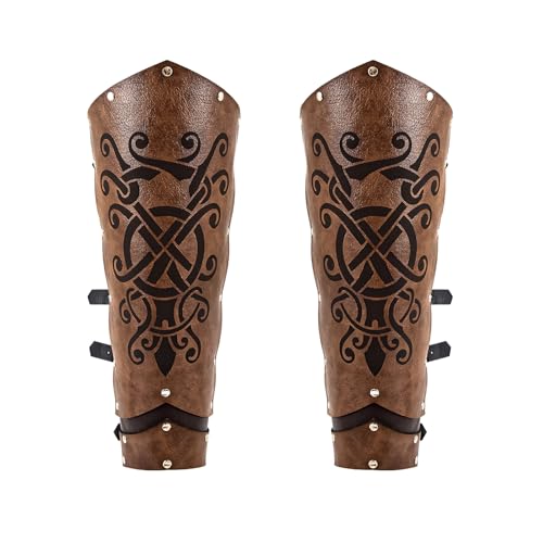 LGFKJNNJ Medieval Boot Covers – Faux Leather Leg Armor with Crossed Sword & Scroll Patterns – Adjustable Renaissance Costume Men Accessories, Halloween Costumes, Cosplay Men Gear (Dark Brown)​