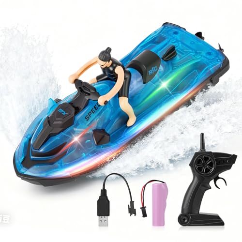 Makdly Remote Control Boat with LED Lights, Electric RC Boat Bath Toys for Kids 2.4GHz Fast Self Righting Racing Boats for Pools and Lake, Rechargeable Pool Toys Gifts for Boys Girls