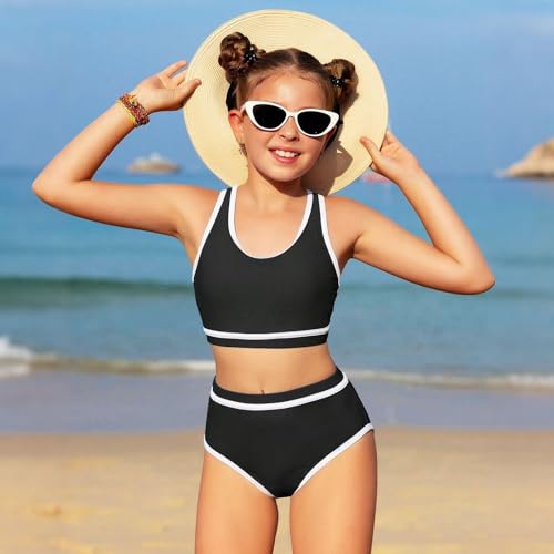 InfiniZer Mädchen Badeanzug Bikini Set Einfarbig Zweiteiliger Badeanzug mit Brustpolstern Bademode Hoch taillierter sportlicher Bikini Badeanzug (DE/NL/SE/PL, Alter, 11 Jahre, Regular, Schwarz)