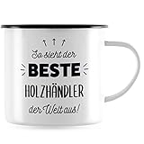 JUNIWORDS Emaille-Tasse, So sieht der beste Holzhändler der Welt aus!, Schwarzer Tassenrand (5856329)