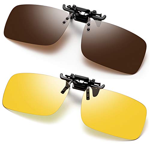 Polarized Anti-Glare Clip on Sunglasses Over Prescription Glasses for Men Women Flip-up Clip-on Night Driving Glasses (Brown&Night Vision Lens)