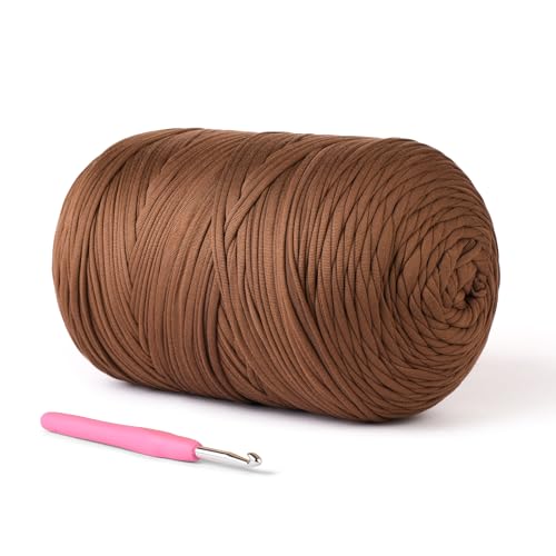 Image of (800g/228yds) T Shirt Yarn, Soft Tshirt Crochet Yarn for Crafts and DIY Knitting Crocheting Cloth/Bag/Basket/Coaster, 100% Polyeste Elastic Fabric Chunky Thick Yarn for Crocheting (Brown)