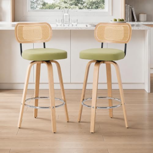 Image of Rattan Bar Stools Set of 2,Upholstered PU Leather, 30''Counter Height Barstools with Back and Wood Legs,360Swivel,Mid-Century Modern Bar Stool for Kitchen Island Dining Room and Bar(Grass Green)