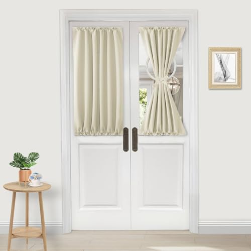 DWCN French Door Curtains – Rod Pocket Thermal Curtain for Window/Patio Doors/Doorways/Classroom/Kitchen for Privacy, 25W by 40L Inches, 1 Panel with Tieback, Light Beige
