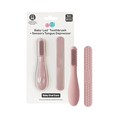 Image of ezpz Baby-Led Toothbrush + Tongue Depressor Dual Pack (Blush) - 100% Silicone Toothbrush + Silicone /Stainless Steel Tongue Depressor - Helps Set-up Infants for a Healthy Oral Care Routine