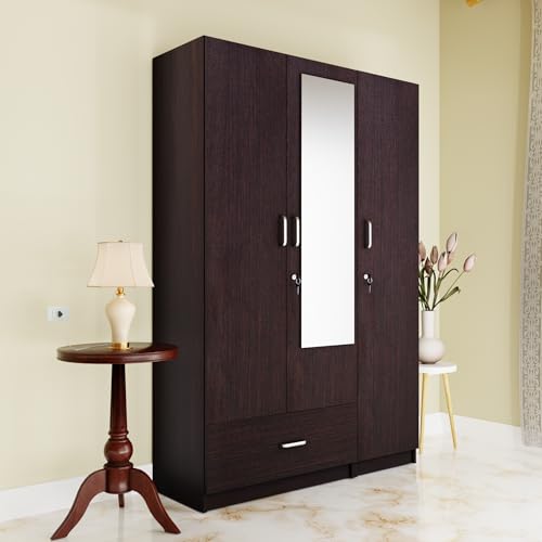 Image of VIKI Wardrobe | Wooden Almirah for 3 Door Wardrobe with 1 Drawer & Hanging Space with Mirror (Dark Wenge - 40D x 120W x 180.8H) | 1 Year Warranty | Free Assembly