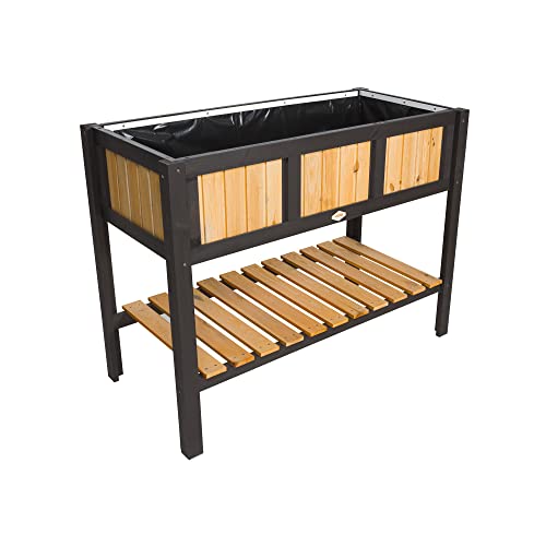 Holtaz Hochbeet Sarah aus Holz für den Garten Balkon Gartenbeet Blumenbeet Blumenkasten Pflanzkasten mit Folie und praktische Ablage 116x57x89 cm Schwarz, Naturbelassen