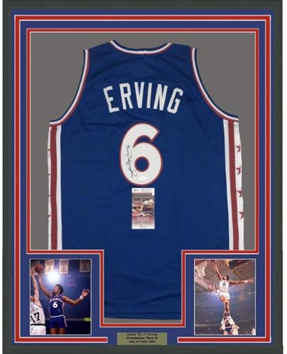 Framed Autographed Julius Erving Dr. J 33x42 Philadelphia Blue Jersey