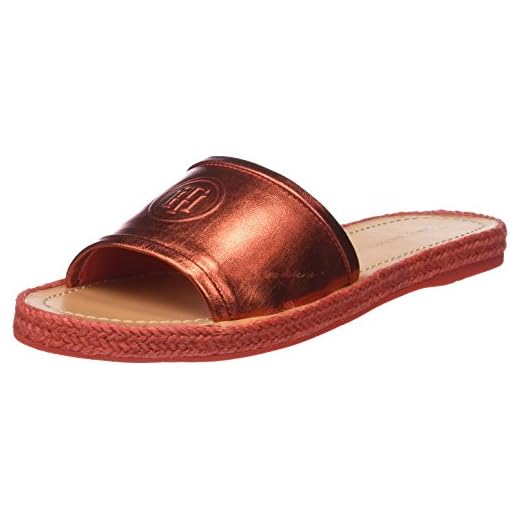 Tommy Hilfiger Metallic Flat Mule, Sandalias con Punta Abierta para Mujer, Rojo (Red Clay 630), 40 EU