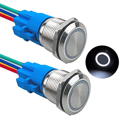 Aiqeer 2 Stück 19 mm Momentan Druckschalter, 12V / 24V 5A Auto Zündung Starter Schalter, IP67 Wasserdichter Edelstahl Druckschalter, mit Vorverdrahteter Steckdose (Weiß LED)