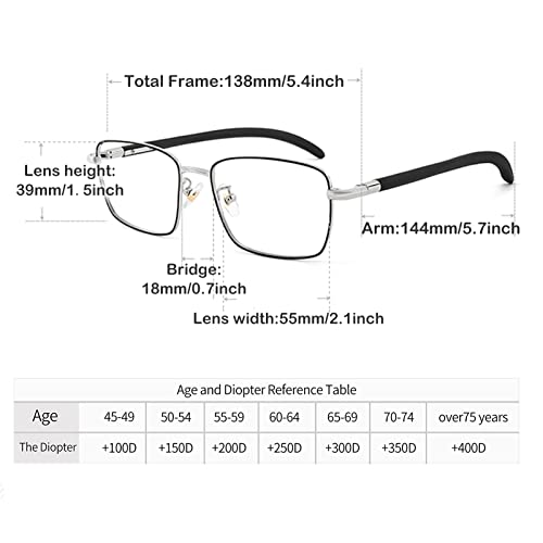 Stylowe biznesowe okulary do czytania, męskie oprawki w stylu retro prostokąta Czytniki komputerowe blokujące niebieskie światło z drewnianym ramieniem (kolor: srebrny, rozmiar: 1,5 x)