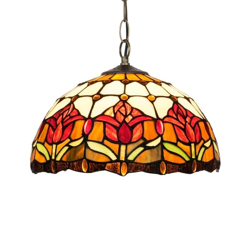 CraftedGlass Plafonnier style Tiffany, 30 cm, suspension en verre teinté, tulipes rouges, décoration vintage, lustre for cuisine, salle à manger, salon,...