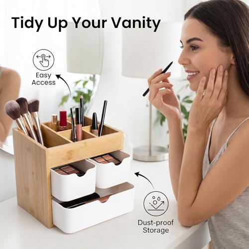 Ninebendstreams Bambus-Make-up-Organizer mit 3 Schubladen, Kommode, Kosmetik-Organizer, Bambus-Schreibtisch-Organizer für Zuhause mit verstellbaren Trennwänden