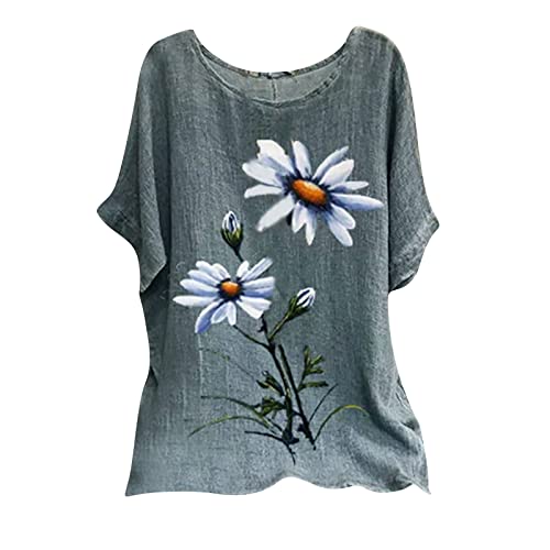 Top0737 Haut d'été à manches courtes et col rond pour femme Motif floral vintage, bleu marine, L