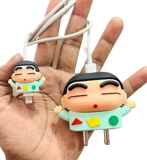 Meyaar Silicone Protective Case for Apple 20W & 18W iPhone USB-C Power Adapter Charger and for USB Lightning Cable, 3D Cartoon Case for iPhone Charger 18W/20W Only (Shin-chan (Blue))