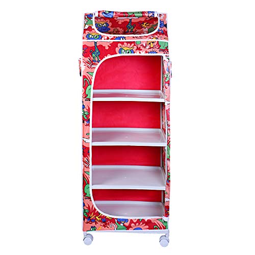 Image of Little One's | 5 Plastic Shelves Baby Foldable Wardrobe (Made in India), Unbreakable Material, (Steel Structure) | Jungle Red | H5 /AR