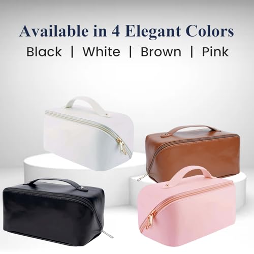 Image of Large Capacity Travel Cosmetic Bag with Handle and Inner Divider | Premium PU Leather Makeup Storage Case | Waterproof Portable Wide Opening Toiletry & Vanity Pouch for Women & Girls (Black)