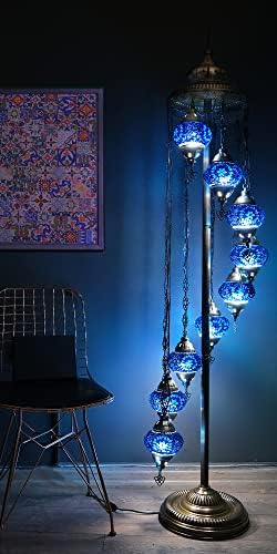 Asylove Turkish Lamp 9 Globe Mosaic Floor Lamp, Mosaic Standing Lamp 9 Globe Mosaic Moroccan Lamps Floor Lamp for Decorative Home Designs Offer 5 inch Globe - Total Height 70 inch (Blue)