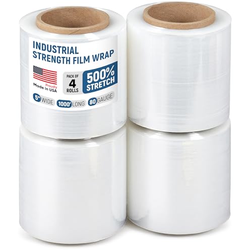 5" x 1000' Industrial Strength Stretch Wrap, Ready to Use Pack of 4 Mini Rolls, Clear Plastic Film, 80 Gauge Thick, 500% Elongation – Heavy-Duty Shrink Wrap for Moving, Packing by Paclord - Used condition - US$40.50