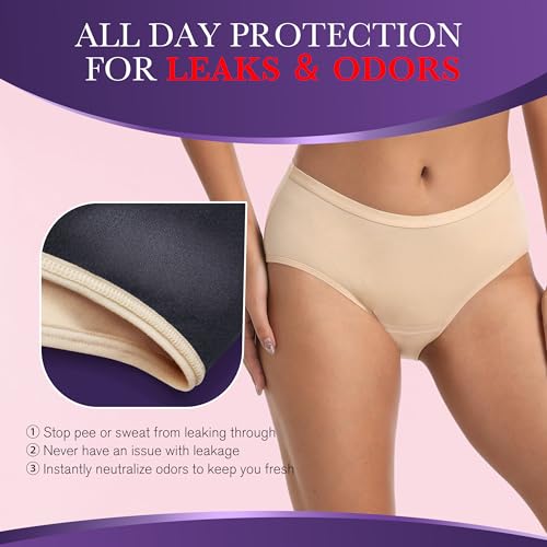 Leak Proof Incontinence Underwear for Women Washable Absorbent Mid Waist Panties Postpartum Bladder Control 1 Pack (Beige, XL)3