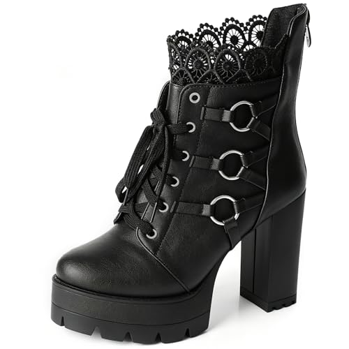 FOREADA Black High Heel Boots For Women Platform Booties Chunky Heeled Fashion Lace Up Goth Ankle Boots with Zipper Round Toe Punk Gothic Shoes