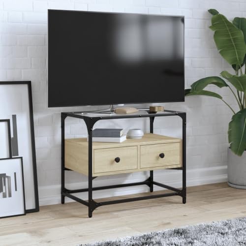 Iiaky Mueble TV Cristal y Madera Mueble TV Salon Mueble TV Madera Mesa Television Salon Mueble salón TV ingeniería Roble Sonoma 60x35x51 cm