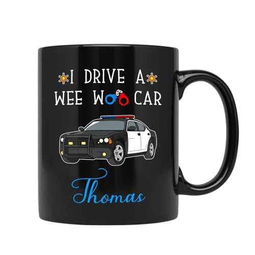 BixDori I Drive A Wee Woo Car Cup, Customized Police Ceramic Mug, Law Enforcement Tea Cup, Black Coffee Mug 11oz or 15oz, Custom Police Office Pottery Cup With Name, Personalized Police Car Mug Gift