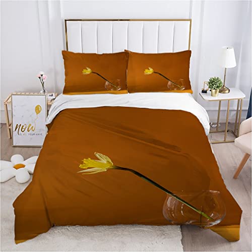Housse de Couette 160x200 cm Marron Fleur, Parure de Lit 2 Personnes en Microfibre avec 2 Taies d'oreiller 65x65 cm, avec Fermeture éclair, Convient aux Adultes Cover