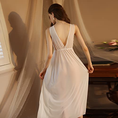 Rubruan Women's Long Nightdress Sleeveless Pajamas Lace V-Neck Nightgown Satin Lightweight Sleepwear Backless White #TOP4