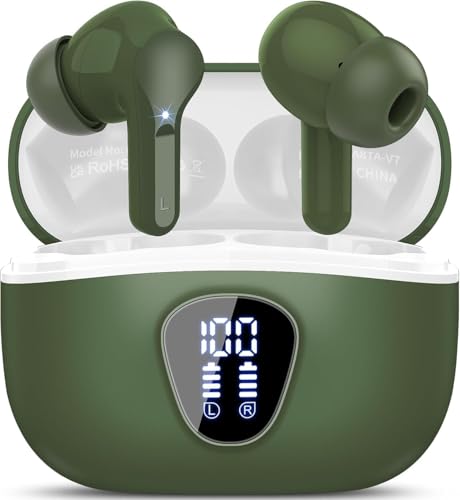 Auriculares Inalámbricos Bluetooth, Auriculares Bluetooth 5.4 con Controlador de 14,2 mm, Sonido Envolvente, 48H Cascos Inalámbricos con Reducción de Ruido, Pantalla LED, IP7 Impermeable, Retro Verde