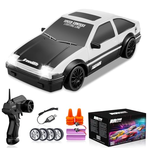 YUAN PLAN RC Drift Car 1/24 2.4GHz Remote Control Cars, 4WD High Speed Drift RC Cars with Cool LED Lights, Extra Drifting Tires Racing Toys Car with Two Batteries for Kids Boys Girls Adults (White)
