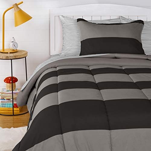 Amazon Basics Kids Easy-Wash Microfiber Bed-in-a-Bag Rugby Stripe Bedding Set - Twin, Black/Grey