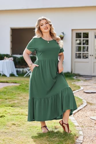 Image of IN'VOLAND Women Plus Size Short Sleeve Dress Loose Plain Casual Summer Flowy Tiered Long Maxi Dresses with Pockets
