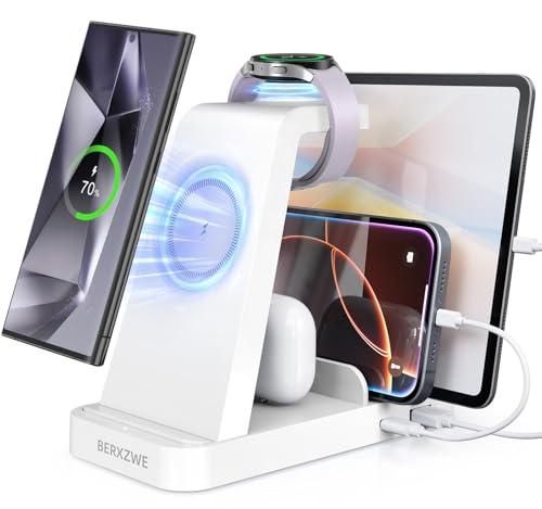 Wireless Charger for Samsung, 5 in 1 Wireless Charging Station for Samsung, Charger Dock Stand for Galaxy Watch Ultra 7 6 5 4 3, Galaxy S25 S24 Ultra S23 S22 S21, Note 20 10 Z Fold Buds, White