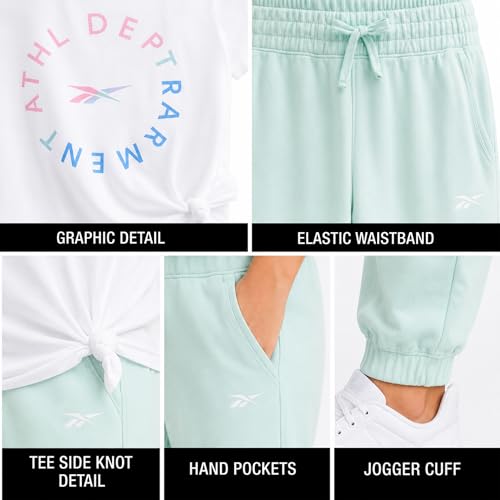 Image of Reebok Girls Sweatpant Set - 3 Piece Athletic Short Sleeve Girls Shirts and Jogger Sweatpants with Pockets - Kids Workout Set