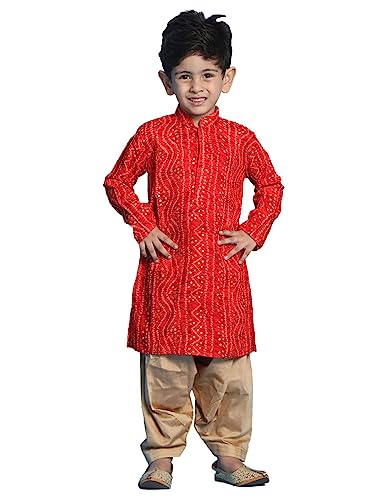 Image of VASTRAMAY Boys' Bandhani Kurta & Patiyala Set | Traditional Ethnic Out Fit For Rakhi