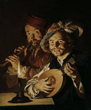 Peinture à l'huile baroque Matthias Stom reproduction The Lautenist toile 24 x 36