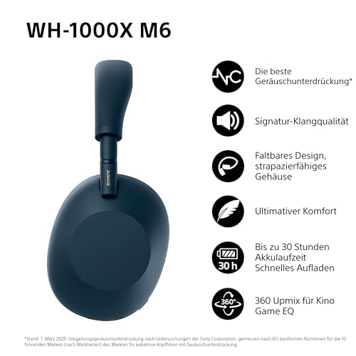 SONY WH-1000XM6 Flagship Noise Cancelling Over-Ear Wireless Kopfh&ouml;rer, Signature Hi-Res Sound, ultimativer Komfort, faltbarem Design, strapazierf&auml;hige Tasche, 30 Std-Akku, iOS & Android, Midnight Blue