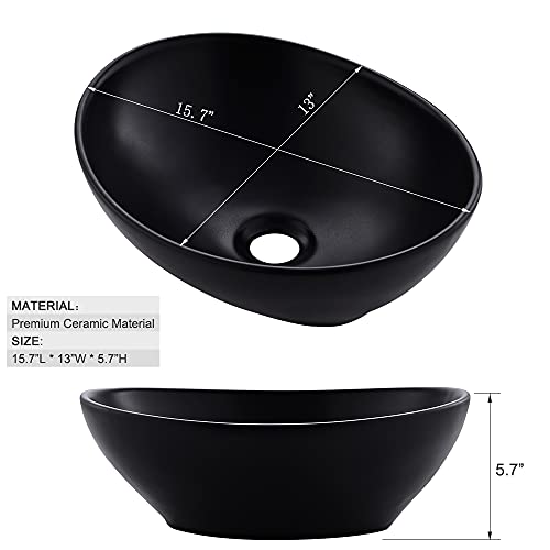 Black Oval Bathroom Sink With Faucet And Drain Combo - Vasoyo 16"X13" Matte Black Bathroom Vessel Sink Above Counter Oval Porcelain Ceramic Bathroom Vessel Vanity Sink, Faucet And Drain Combo #TOP4