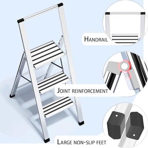LANBITOU 3 Step Ladders for Home Step, Lightweight Folding 3 Step Stool with Wide Anti-Slip Pedal, 300lbs Sturdy Aluminum Ladder with Handrais, Portable Ladder, Step Ladder for Kitchen Household - Thumbnail 3