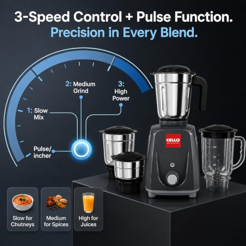 Image of CELLO Unitech 600W Mixer Grinder with Juicer Jar | 4 Jars | Copper Motor | 3 Speed Control | Stainless Steel Blades | Mixer, Grinder & Juicer for Juices (Unitech 600W Mixer Grinder Black)