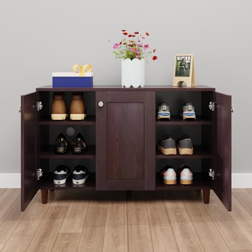 Image of VIKI Shoe Rack with 3 Square Inset Doors, Shoe Storage Cabinet for Hallway, Organizer Unit for Entryway, Width 109.3cms, Dark Wenge Colour, 1 Year Warranty